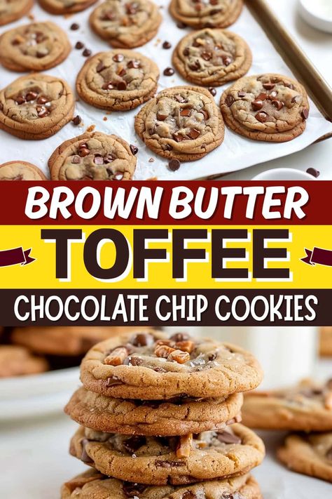 These brown butter toffee chocolate chip cookies are rich and nutty with gooey pockets of chocolate and crunchy toffee bits in every bite. Brown Butter Chocolate Chip Toffee Cookies, Beer Butter Cookies, Brown Butter Trash Can Cookies, Browned Butter Toffee Chocolate Chip Cookies, Brown Butter Cookie Bars, Brown Butter Dessert Recipes, Recipes With Toffee Bits, Browned Butter Cookies, Brown Butter Toffee Cookies