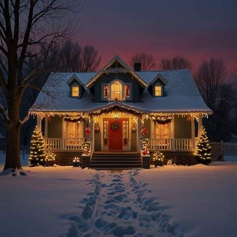 Dream House Christmas, Christmas Lights On House Exterior Farmhouse, Cozy Christmas House Exterior, Christmas Cabin Exterior, Christmas Aesthetic House, Christmas House Aesthetic, Farmhouse Christmas Lights Exterior, House Christmas Decor Outdoor, Christmas Decor Exterior