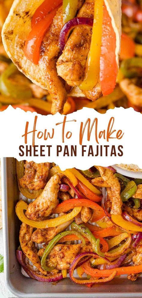 Sheet pan fajitas are great for busy weeknights or to serve to guests. You’ll love this easy recipe for chicken fajitas. Much of it can be prepped ahead of time and clean-up is a snap! Kid Dinners, Monthly Meals, Sheet Pan Fajitas, Pan Fajitas, Sheet Pan Chicken Fajitas, Chicken Fajitas Recipe, Chicken Recipes Easy Quick, Homemade Fajita Seasoning, Fajitas Recipe