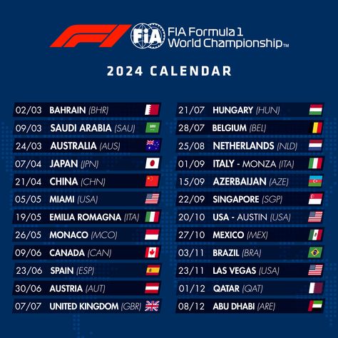 2024 FIA Formula 1 Calendar Announced | Federation Internationale de l'Automobile F1 Calendar, Race Calendar, Las Vegas Usa, Formula 1 Car Racing, Sport Automobile, Formula 1 Car, F1 Racing, Moto Gp, Bahrain