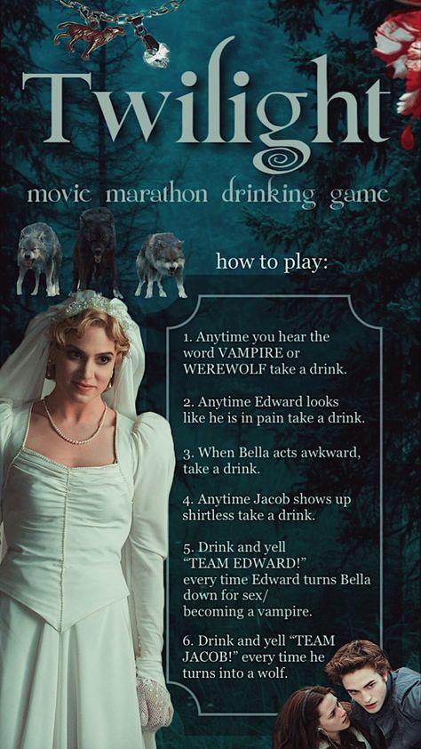 Twilight Movie Drinking Game, Twilight Cocktail Party, Twighlight Bachelorette Party, Twilight Themed Dinner Party, Twilight Bachelorette Party Ideas, Twilight Themed Movie Night, Twilight Theme Bachelorette, Twilight Inspired Cocktails, Twilight Themed Alcoholic Drinks