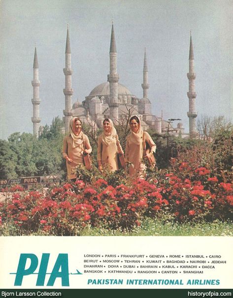 Advertisement from 1968 that shows Pakistan International Airlines (PIA) Air Hostesses in Istanbul, Turkey. The Air Hostesses are wearing uniform designed by renowned French fashion designer Pierre Cardin. Pakistan International Airlines, Pakistan Art, Pakistan Culture, History Of Pakistan, Vintage Airline Posters, Pakistan Travel, Pictorial Maps, International Airlines, Textile Museum