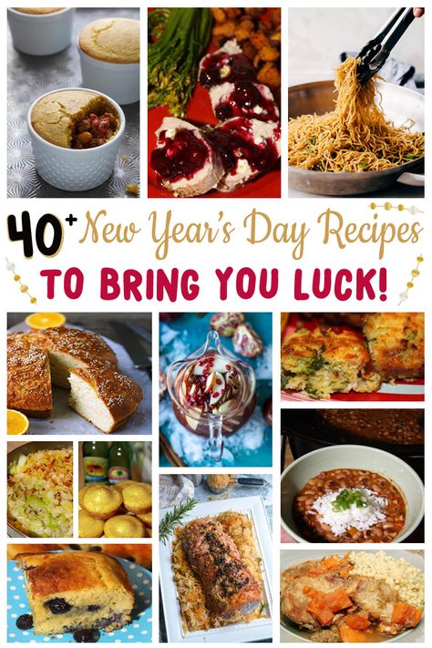 Every year for New Year's Day I cook a traditional big family meal to celebrate. I always include a few recipes that are said to bring good luck and today I'm sharing those recipes and many more! Make them at home to bring luck, prosperity, and happiness in the New Year! New Years Day Dinner Ideas, Holiday Recipes Dinner, Dinner Recipes Party, New Years Day Dinner, Nye Food, New Years Day Meal, Lucky Food, Big Family Meals, New Years Eve Food