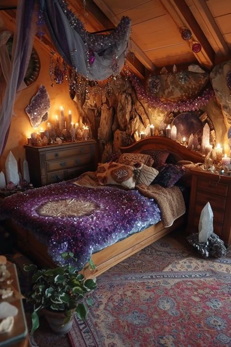 Bedroom Setup Aesthetic, Forest Witch Room Aesthetic, Witchy Loft Bedroom, Witch Themed Bedroom, Witchy Boho Bedroom, Witch Room Ideas, Witch Bedroom Ideas, Mystic Bedroom, Cozy Witchy Bedroom