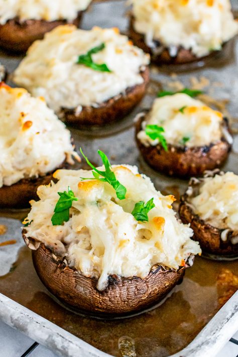 CRAB STUFFED MUSHROOMS + WonkyWonderful Creamy Crab Stuffed Mushrooms, Crab Stuffed Mushrooms Air Fryer, Crab Stuffed Mushroom Caps, Crab Stuffed Portobello Mushrooms, Crab Dip Cold, Breakfast Sides Dishes, Crab Rolls, Crab Stuffed Mushrooms, Crab Stuffed