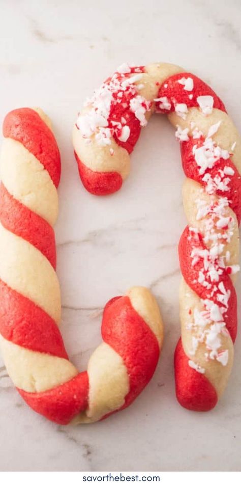 ‘Tis the season for all things sweet, and these candy cane cookies have our hearts. White and red stripes of buttery dough are shaped into fun candy canes and topped with crushed peppermint for the most festive holiday cookie! Vanilla and peppermint extracts give these candy cane cookies a mint creamsicle flavor that will make any day feel extra merry and bright! Peppermint Candy Cookies, Candy Cane Cookie Recipe, Crushed Peppermint, Best Christmas Desserts, Gluten Free Candy, Cute Christmas Cookies, Candy Cane Cookies, Buttery Cookies, Homemade Hot Chocolate