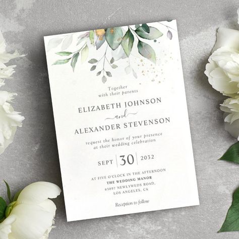 Chic airy greenery eucalyptus leaf gold wedding invitation Classy Bouquet, Elegant Invitation Card, Fall Ceremony, Summer Invitation, Gold Wedding Invitation, Garden Theme Wedding, Eucalyptus Leaf, Botanical Wedding Invitations, Watercolor Greenery