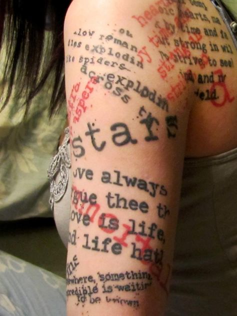 Lyrics Sleeve Tattoo, Quote Sleeve Tattoo, Red Text Tattoo, Tattoo Wording, Overlapping Tattoos, Literary Tattoos Quotes, Literature Tattoos, Poem Tattoo, Serotonin Tattoo