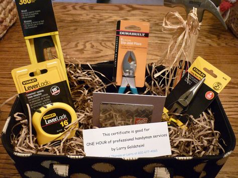 Raffle Prizes for Men | Honey-Do" Basket! - Includes $50 gift card to Home Depot and one ... Large Raffle Items, Raffle Prizes For Men, Stag Party Raffle Prize Ideas, Jack And Jill Door Prize Ideas, Stag And Doe Prizes, Baby Shower Prizes For Men, Prize Baskets, Stag And Doe Games, Hommade Gifts