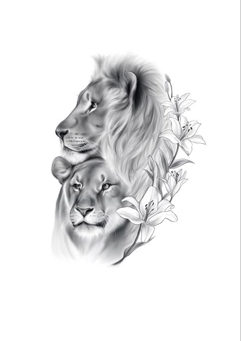 Lion Love Tattoo, Lion Couple Drawing, Lion And Lioness Drawing, Tattoo Lion And Lioness, Lion Simple Tattoo, Lioness Drawing Tattoo Ideas, Lion Lioness Tattoo, Tattoo Lioness, Lioness Drawing