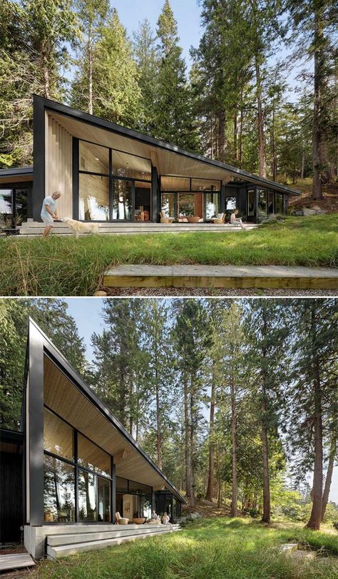 With A Dark Exterior And A Light Interior, This Rural Home Is Clad With Cedar Inside And Out Passive Homes, Dark Lower Cabinets, Modern Mountain House Plans, Rural Home, Interesting Houses, Modern Mountain House, Built In Bathtub, Apollo Bay, Prefab Cabins