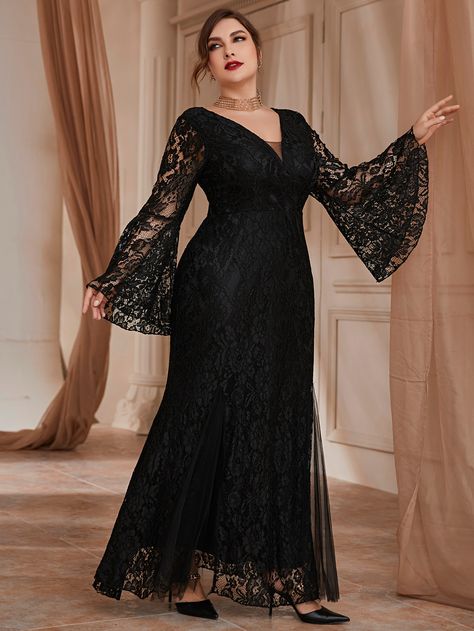 Formal Dresses Long Elegant Evening Gowns Lace Sleeves, Plus Size Elegant Dresses Classy Evening, Black Gown Plus Size, Plain Black Gown, Black Lace Styles, Dry Lace Styles, Black Evening Dresses Plus Size, Plus Size Party Dresses For Wedding, Black Dresses Plus Size