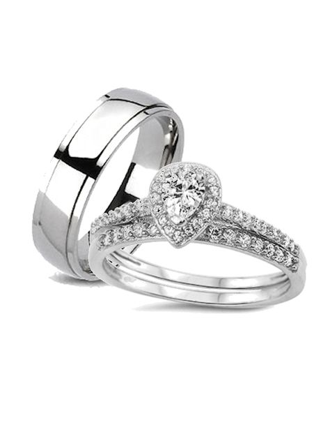 His and Hers Halo Style Wedding Ring Set Matching Wedding Bands for Him ( Titanium) and Hers (Sterling Silver) - Walmart.com Cz Wedding Ring Sets, Matching Wedding Ring Sets, Womens Wedding Ring Sets, Matching Wedding Ring, Silver Eternity Ring, Wedding Bands For Him, Matching Wedding Rings, Pear Shaped Ring, Titanium Wedding Rings