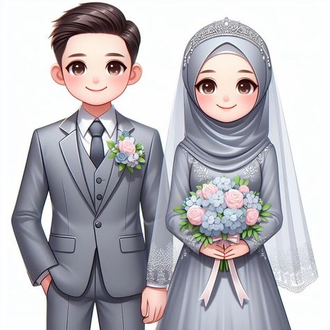 Animasi Wedding Muslim, Animasi Couple Muslim, Animasi Wedding, Muslim Couple Cartoon, Topper Bola, Muslim Wedding Couple, Halal Couple, Wedding Cartoon, Save The Date Pictures