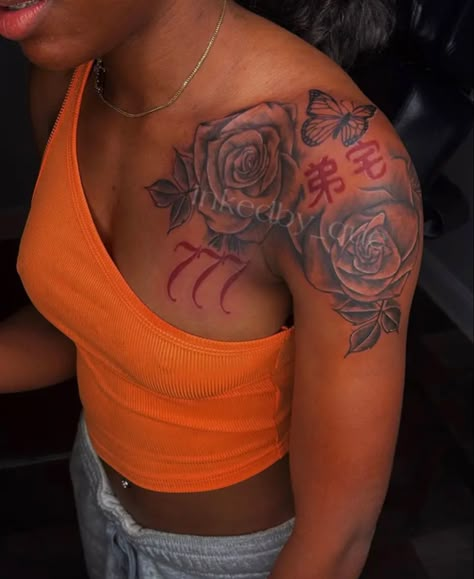 Red Ink Shoulder Tattoos For Women, Red Shoulder Tattoos For Women, Off The Shoulder Tattoos For Women, Shoulder Tattoo Stencils For Women, Shoulder Women Tattoo, Chest To Shoulder Tattoo Female, Chest Tattoo Female Black Women, Top Of Shoulder Tattoos For Women Unique, Pretty Tattoos For Women Shoulder