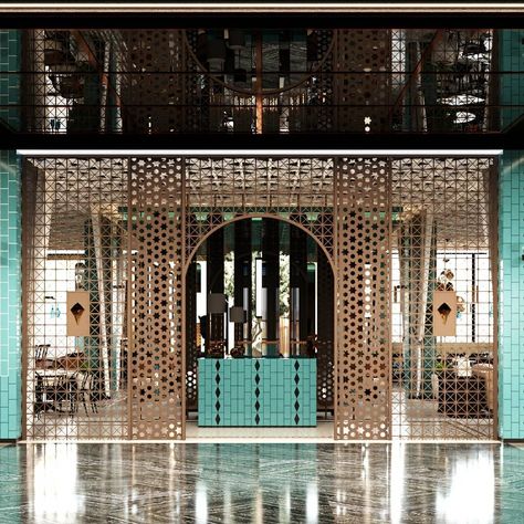 Architecture | Quark Studio on Instagram: “The restaurant’s spectacular #entryway features overlapping natural-tone carved #woodenpanels and #archways that are framed by turquoise…” Turkish Restaurant, The Restaurant, Natural Tones, Interior Architecture, Google Images, Image Search, Entryway, Carving, Restaurant