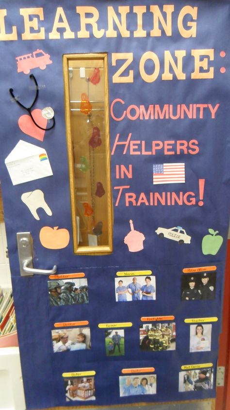 Door display for a unit on community helpers Community Helper Bulletin Boards Preschool, Community Helper Door Decoration, Community Helpers Theme Board, Curious George Bulletin Board Ideas, Community Helpers Classroom Decor, Community Helpers Door Ideas, Community Helpers Bulletin Board Ideas, Community Helpers Door Decoration, Community Helper Bulletin Board Ideas