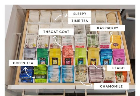 Khloe Kardashian Home, Tea Drawer, Khloe Kardashian House, Kardashian Home, Tea Organization, Tea Station, Khloé Kardashian, Organizing Hacks, Tea Storage