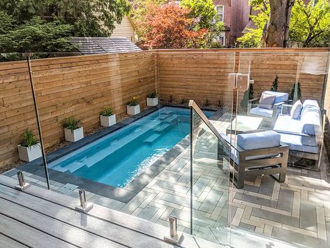 Small Backyard Pools that are Big Fun - Leisure Pools USA Small Fiberglass Pools, Fibreglass Pool, Stock Tank Swimming Pool, Bestway Pool, Modern Garden Landscaping, Leisure Pools, Fiberglass Swimming Pools, Intex Pool, Concrete Pool