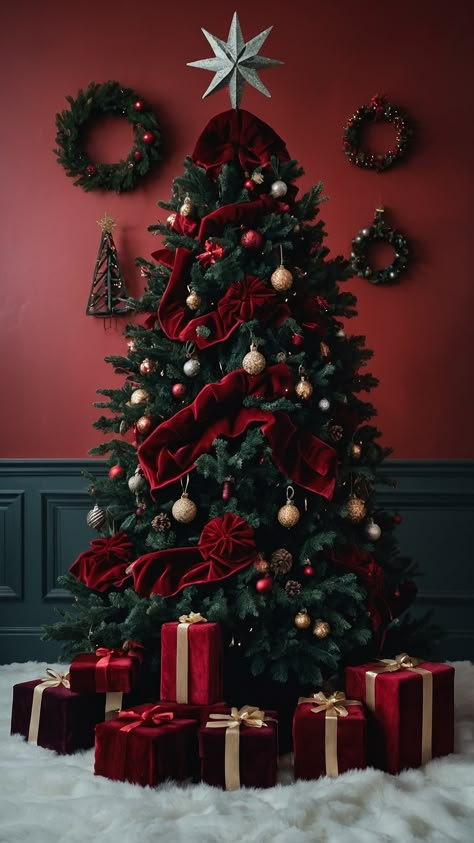 Transform your holiday decor with a stunning velvet Christmas tree that captures the essence of festive elegance In our latest blog post we explore the best decoration ideas for this luxurious tree style highlighting a harmonious blend of colors such as deep red neutral tones vibrant green soft pink and rich blue Discover how shades like dark green and brown can add depth to your Christmas setup while red and green accents bring a traditional touch Perfect for DIY enthusiasts Burgundy Dark Green Christmas Tree, Dark Green Velvet Christmas Decor, Burgundy And Emerald Christmas Tree, Dark Green And Burgundy Christmas Tree, Christmas Tree Dark Red, Red And Burgundy Christmas Tree, Dark Green Christmas Aesthetic, Cranberry Christmas Tree, Velvet Christmas Decor