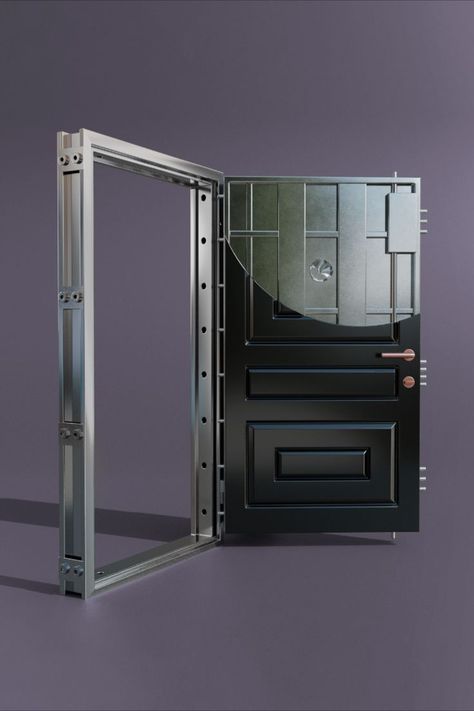 Custom-made steel security doors for residential and commercial projects. The multipoint locking system can be glazed or unglazed. All Armored Doors are clad with engineered or natural wood. Secure Front Door Ideas, Sliding Security Door, Steel Security Doors Design, Security Door Design Front Entry, Security Door Design, Front Door Security, Driveway Alarm, Security Room, Farm Hacks