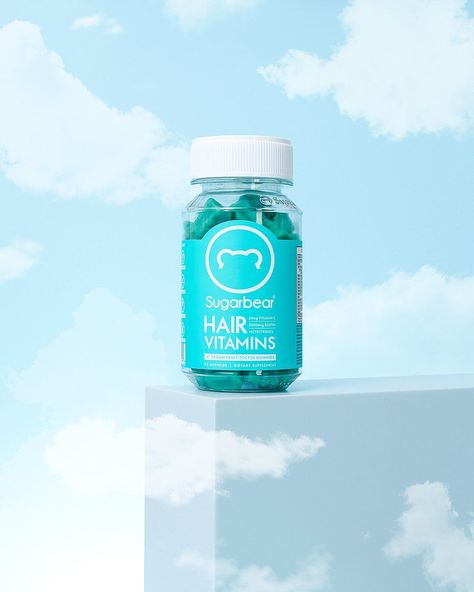 Colourful stills content creation for Sugarbear hair vitamins. Styled health product stills photography by HIYA MARIANNE._ Stills Photography, Packaging Photography, Vitamin Brands, Still Photography, Hair Vitamins, Pretty Packaging, Product Photography, Blue Aesthetic, Content Creation