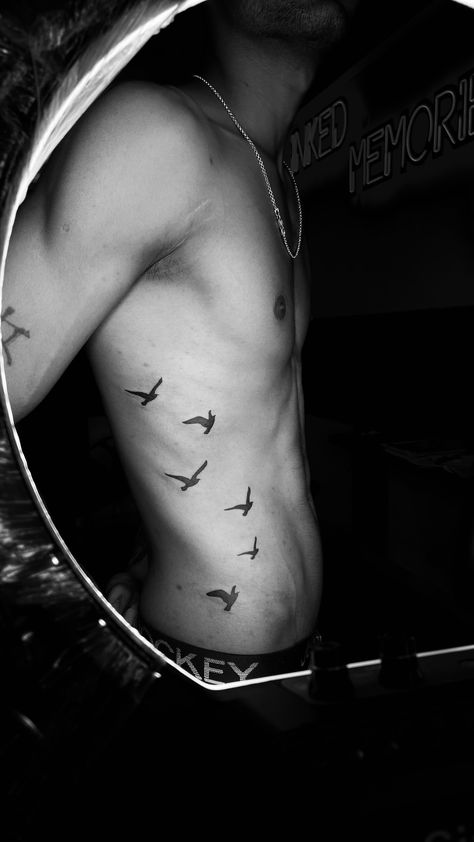 Birds On Side Tattoo Men, Bird Tattoo Ideas For Men, Birds On Ribs Tattoo, Rib Tattoo Ideas For Men, Flying Bird Tattoo Men, Birds Arm Tattoo, Black Guy Tattoos, Birds Tattoo Men, Dove Tattoo Men