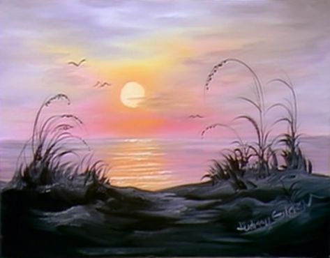 Original art of Bob Ross - (“Ocean Sunrise”) painting. Bob Ross Landscape, Bob Ross Art, Bob Ross Paintings, The Joy Of Painting, Bob Ross, Painting Wallpaper, Beach Painting, Watercolor Landscape, Painting Projects