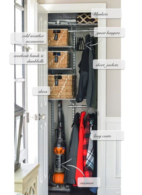 Organized Foyer Coat Closet- Before and After Makeover - Kelley Nan Coat Closet Organization Front Entry, Hall Closet Organization, Coat Closet Makeover, Coat Closet Ideas, Small Coat Closet, Cleaning Closet Organization, Organiser Son Dressing, Front Closet, Coat Closet Organization