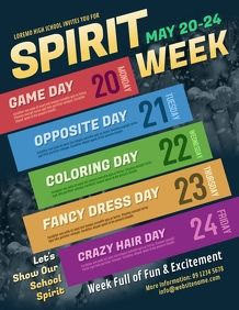 420+ Spirit Week Customizable Design Templates | PosterMyWall Color Day Spirit Week, Spirit Week Ideas For Workplace, Spirit Week Posters, Halloween Spirit Week Ideas, Spirit Week Flyer, School Spirit Ideas Pep Rally, Week Template, Cheerleading Ideas, School Spirit Week