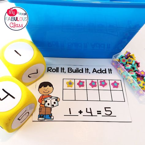 Kindergarten Morning Work Buckets Math Roll It, Build It, Add It Morning Work Buckets, Free Morning Work, Kindergarten Morning Work, Addition Kindergarten, Morning Words, Kindergarten Centers, Fun Math Games, Math Addition, Math Methods