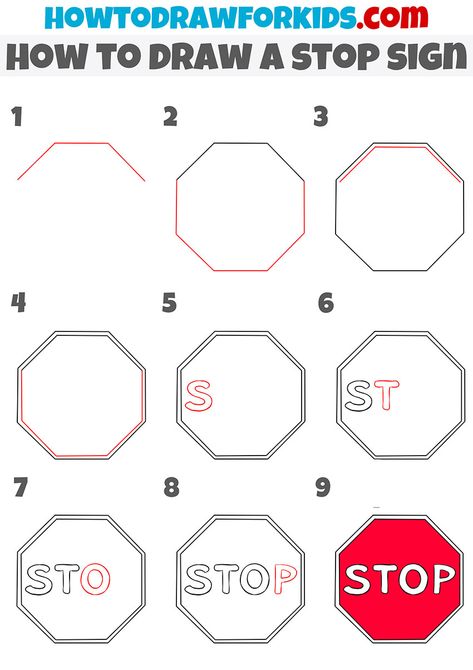 how to draw a stop sign step by step Stop Sign Drawing, Draw Objects, Funny Face Drawings, Sign Drawing, Sketchbook Diary, Doodle Art For Beginners, Sensory Crafts, How To Draw Steps, Drawing Tutorials For Beginners