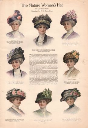 1911 Hats styles for Mature Women. Still very large but not as wide as early styles. 1912 Fashion, Edwardian Hat, Tea Hats, 1910s Fashion, Victorian Hats, Tea Party Hats, Retro Mode, Outfit Trends, Women's Hats