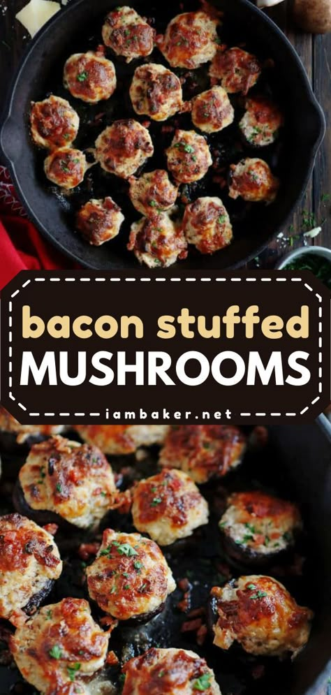 Bacon Wrapped Mushrooms, Gameday Food, Mushroom Side Dishes, Stuffed Mushrooms Easy, Baby Bella Mushrooms, Mushroom Appetizers, Cheese Stuffed Mushrooms, Bacon Stuffed Mushrooms, Stuffed Mushroom