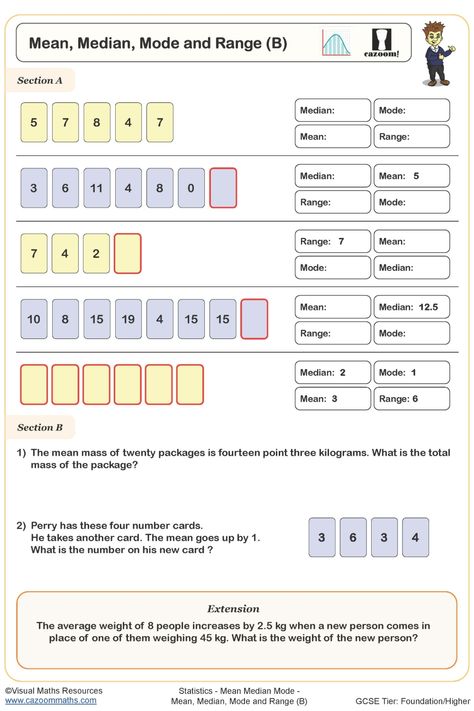 Enhance students' understanding of statistical concepts with this comprehensive Mean, Median, Mode, and Range Worksheet. This resource elucidates the relationship between total frequency and mean in a clear and engaging manner. Ideal for reinforcing learning and improving data interpretation skills. Mean Median Mode Activities, Math Mean Median Mode, Mean Mode Median Range, Mean Mode Median Range Worksheets, Relation And Function Math Notes, Year 7 Maths, Year 7 Maths Worksheets, Mean Median And Mode, Year 7