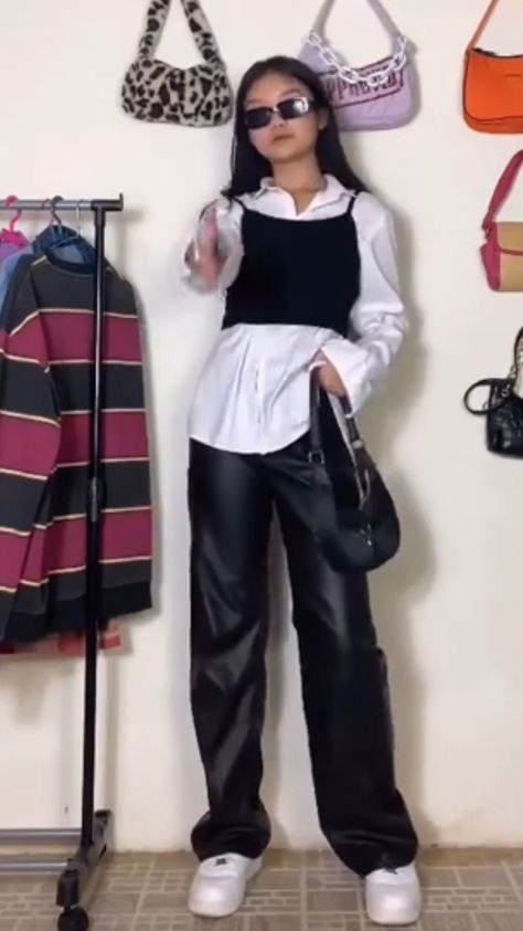 Shein Leather Pants Outfit, Hijabi Leather Pants Outfit, White Shirt And Pants Outfit, White Button Up Shirt Outfit Aesthetic, White Button Down Shirt Outfit Aesthetic, Black Trousers Outfit Aesthetic, White Shirt Leather Pants, Black Pants Summer, Button Shirt Outfit