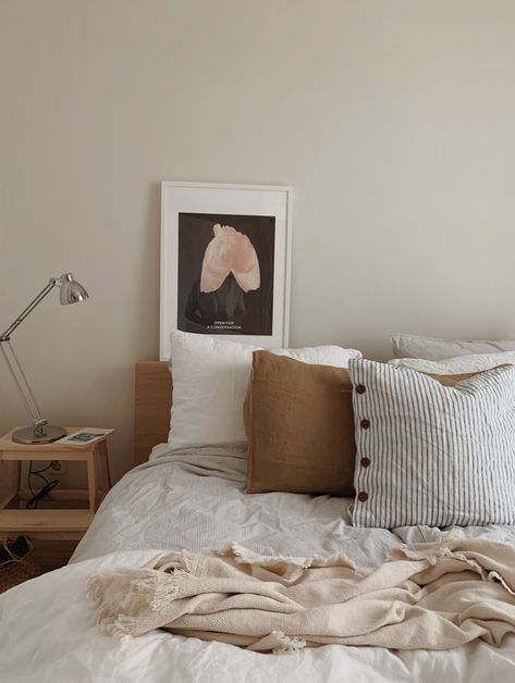 A view of our bedroom with linen bedding from HM Home and the poster from HAY Design. Beige wall with natural colors and materials, gives such a calm feeling.  #linenbedding #haydesign #hmhome #bedroomdecor #scandinavianstyle #beige Hm Home Bedroom, Airbnb Room, Hm Home, Beige Wall, Hay Design, Serene Bedroom, H&m Home, Beige Walls, Natural Colors