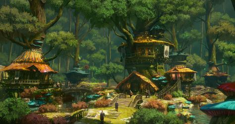 ArtStation - Fantasy Forest Secret Village Rpg City, Forest Village, Fantasy Village, Fantasy Town, Secret Forest, Forest City, Fantasy Background, Fantasy Forest, Fantasy City