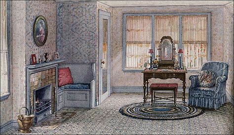 I'm not sure if this was a dressing room or sitting room. It was shown in Ladies Home Journal and was one of the illustrations during the Parsons advertising phase. The light blue woodwork is attractive ... just a pretty space.  Image courtesy of Antique Home & Style. 20s Home Decor, Blue Woodwork, 1920s Bedroom, 1930s Decor, 1920s Home Decor, 1920s Interior, Classic Sketch, 1920s Decor, Living Room Turquoise