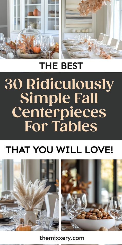 The best 30 ridiculously simple fall centerpieces for tables with images of elegant autumn-themed decorations. Fall Table Centrepiece, November Wedding Centerpieces Diy, Fall Centerpieces For Table Party, Fall Centre Piece Ideas Diy, Easy Fall Table Decor, Modern Fall Centerpieces For Table, Fall Round Table Centerpieces, Simple Fall Table Centerpieces, Small Fall Centerpieces For Table