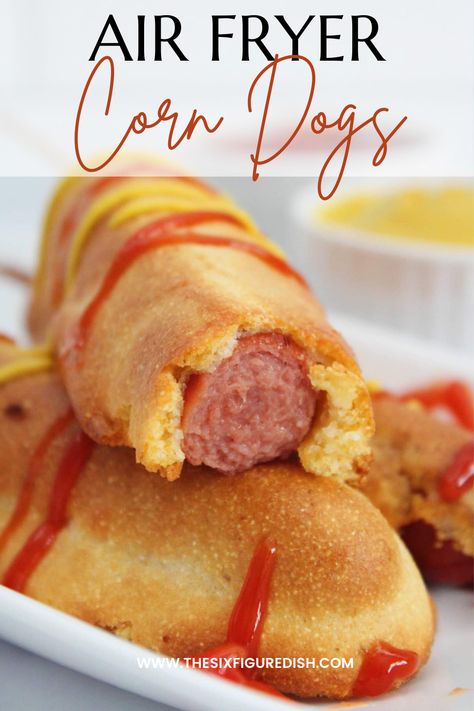 These air fryer corn dogs are the perfect treat! All beef hot dogs are hand dipped in homemade batter then cooked in the air fryer until golden. This is a recipe the entire family will fall in love with. #corndogs #airfryerrecipes #easycorndogrecipes Air Fry Corn Dogs, Corn Dog Air Fryer, Corn Dogs Air Fryer, Air Fryer Lunch Recipes, Corndog Batter Recipe, Corn Dogs In Air Fryer, Air Fryer Corn Dogs, Baked Corn Dogs, Gluten Free Corn Dogs