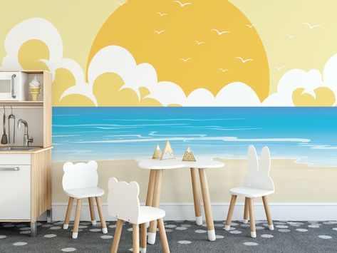 Beach Removable Vinyl Mural / Peel and Stick Sunset Wallpaper - Etsy Surf Wall Mural, Beach Mural Painted, Water Mural, Sunset Mural, Sunset Wall Mural, Beach Wall Murals, Beach Mural, Vinyl Photo, Personalized Wallpaper