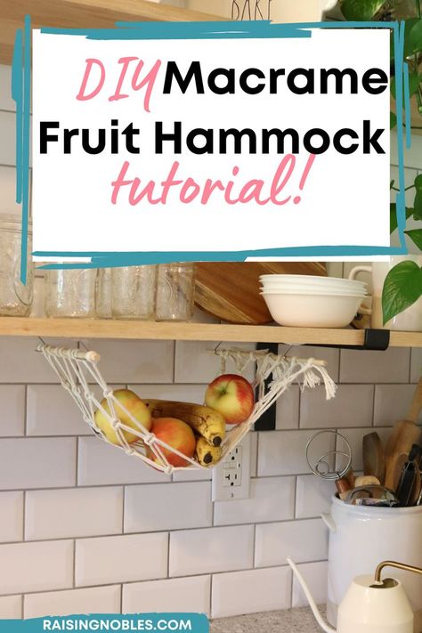 Today I am sharing how to make a macrame fruit hammock. These macrame fruit hammocks are trending right now and for good reason! They are so fun and add a bit of texture and fun to any kitchen. In this tutorial, I will walk you through the steps of how to make a macrame fruit hammock and I am also including a video just in case your prefer to watch tutorials via video Diy Produce Hammock, Macrame Kitchen Ideas, Macrame Fruit Hanger Diy Tutorial, Kitchen Hammock, Produce Hammock, Crochet Produce Hammock, How To Make A Macrame Fruit Hammock, Macrame Produce Hammock, Macrame Kitchen