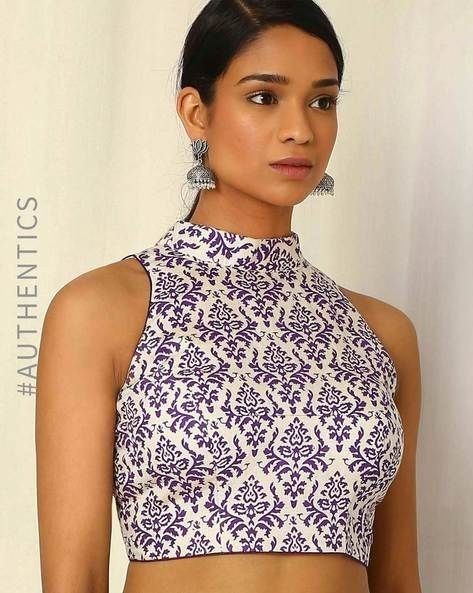 High Neck Sleeveless Blouse Designs, Purple Blouses, High Neck Blouse Designs, Halter Neck Blouse Design, Neck Blouse Designs, Saree Jacket Designs, Halter Neck Blouse, Sleeveless Blouse Designs, Halter Neck Blouses