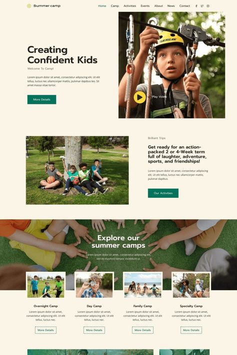 Starter Templates - Kadence Theme Summer Camp Branding, Summer Camp Website, Camp Website, Summer Camp Brochure Design, Summer Camp Pamphlet Design, Summer Camp Brochure, Sport Advertising, Hiking Landscape, Summer Camps For Kids