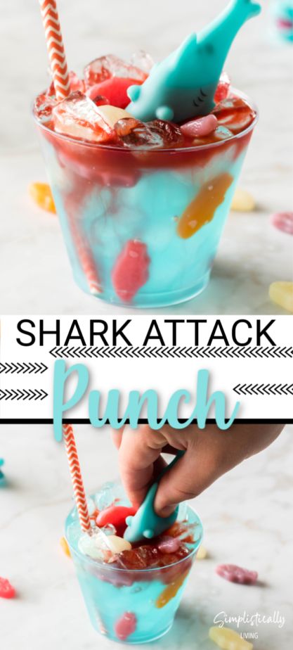 Shark Week Mocktails, Fishbowl Drink Mocktail, Shark Week Recipes For Kids, Shark Punch For Kids, Shark Themed Appetizers, Kids Fishbowl Drink, Shark Drinks For Kids, Shark Mocktail, Gummy Shark Drink