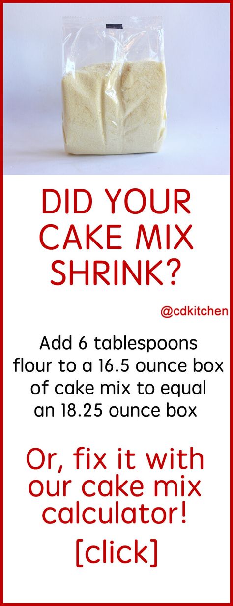 Have you noticed that the size of cake mix has shrunk from 18.25 ounces to 16.5 or even 15.25 ounces? To account for the new package size, try this trick. Cake Mix Hacks Boxes Recipe, Cake Mix Extender Recipe, Cake 9x13, Cake Mix Hacks, Cake Mix Fudge, Decadent Recipes, Baking Substitutions, Betty Crocker Cake Mix, Baking Conversions