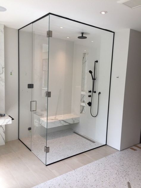 Black Painted Trim, Glass Corner Shower, Corner Shower Doors, White Tile Shower, Painted Trim, Glass Shower Doors Frameless, Modern Bathroom Remodel, Grab Bars In Bathroom, Bathroom Inspiration Modern