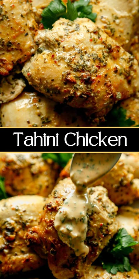 These chicken thighs with za'atar and tahini are a mouthwatering Mediterranean dish. Loaded with garlic, herbs, and spices, enjoy it as a wrap, on a hearty salad, or as the star of the meal. #tahinichicken #chicken #tahini #mediterranean Healthy Chicken Mediterranean Recipes, Medatrainian Recipes Dinners, Chicken And Tahini Recipes, Mediterranean Entree Recipes, Mediterranean Grilled Chicken Salad, Mediterranean Diet Chicken Marinade, Tahini Chicken Salad, Lemon Tahini Chicken, Mediterranean Chicken Zucchini