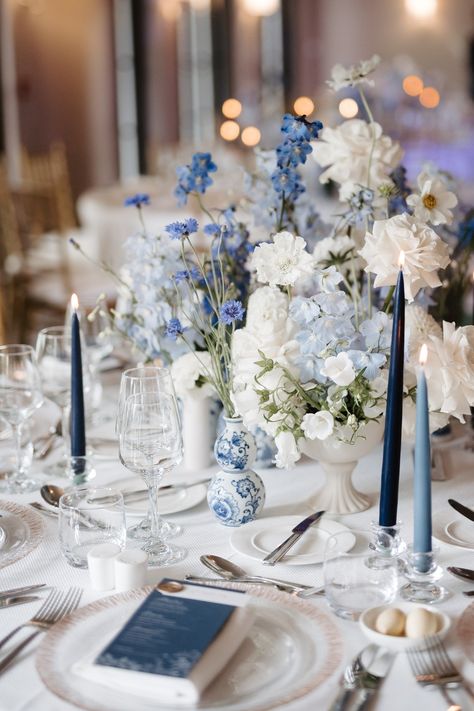 The Bijou Studio | Wedding Planners in London Blue Flowers Table Setting, Black White Grey Blue Wedding, Centerpieces Wedding Blue And White, French Blue Garden Wedding, Pastel Blue Wedding Decorations, Wedding Blue Flowers Decoration, Navy Flowers Wedding, Greyish Blue Wedding Theme, Wedding Decoration Blue And White